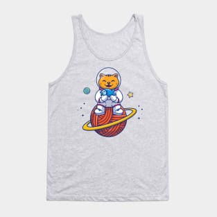 Cute Cat Astronaut Sitting On Planet Cartoon Tank Top